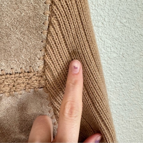 VTG 70's Womens Large Patchwork Crochet Jacket Camel Suede Leather Mobwife Tan - Picture 7 of 11